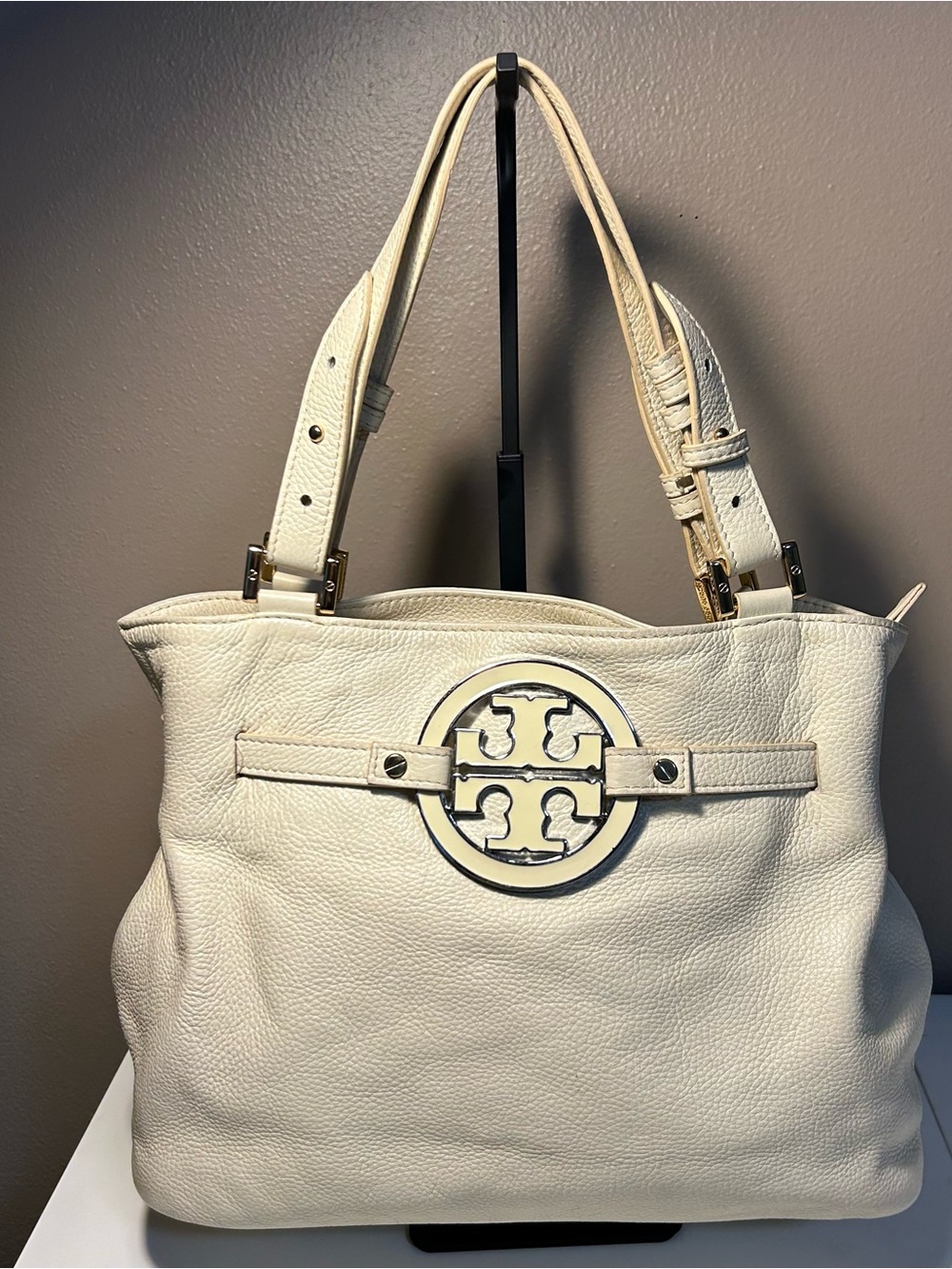 Tory Burch Cream Ivory Shoulder Bag Tote Double Handle Leather Adjustable